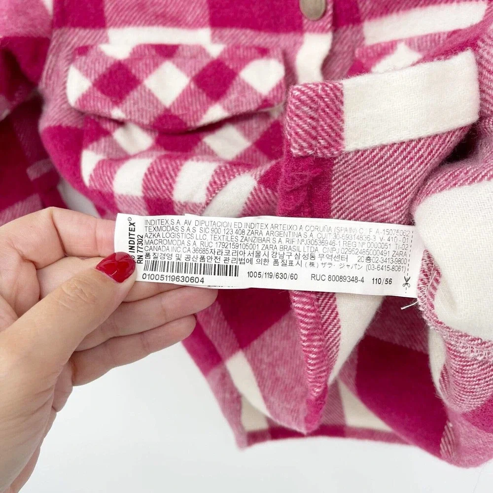 Zara Plaid Overshirt Jacket Girls 4-5 Years‎ Pink White Flannel Button Down Wool